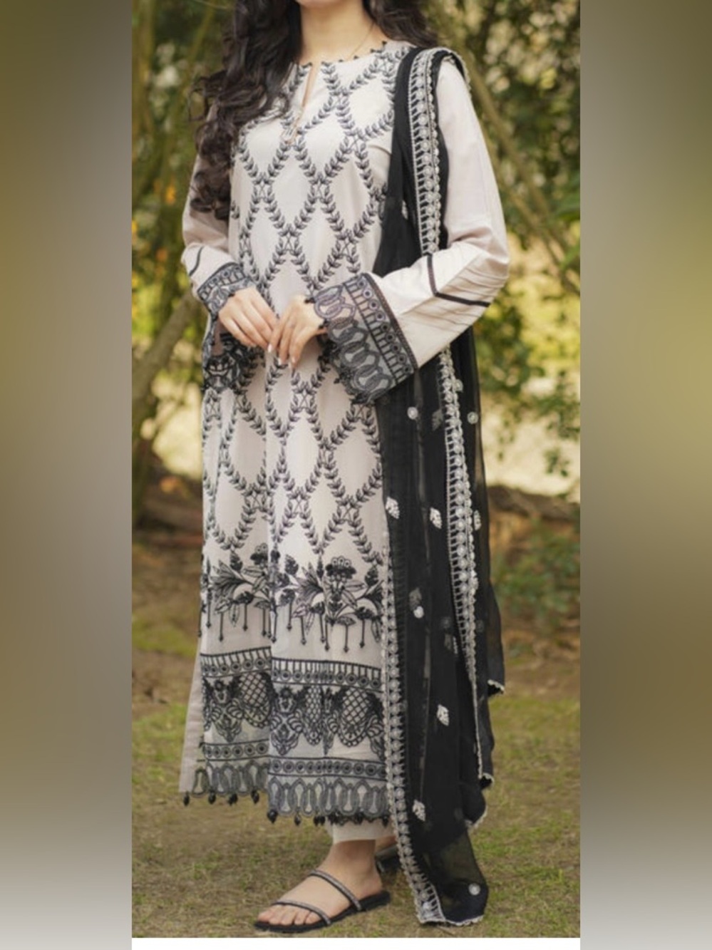 Embroidered Ivory and Black Long Kurta with Black Dupatta